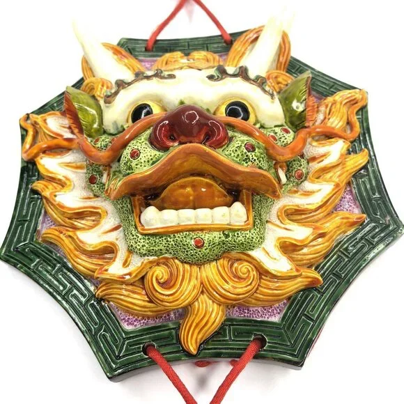 Chinese Yin Yang Dragon Hanging Plaque Pottery Red Tassels Guardian Feng Shui
